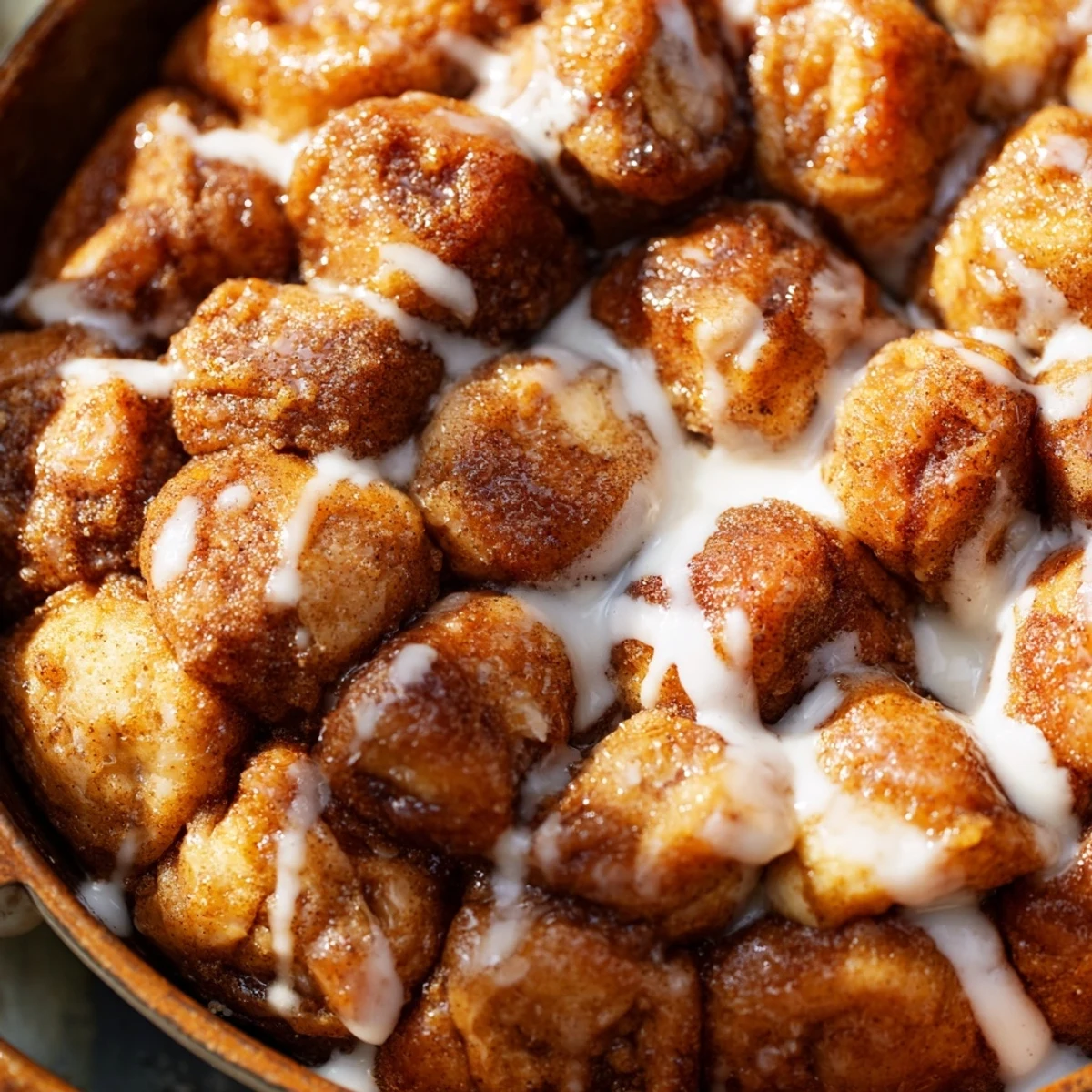 Warm sugar-free monkey bread bites tossed in sweet cinnamon coating and drizzled with vanilla glaze