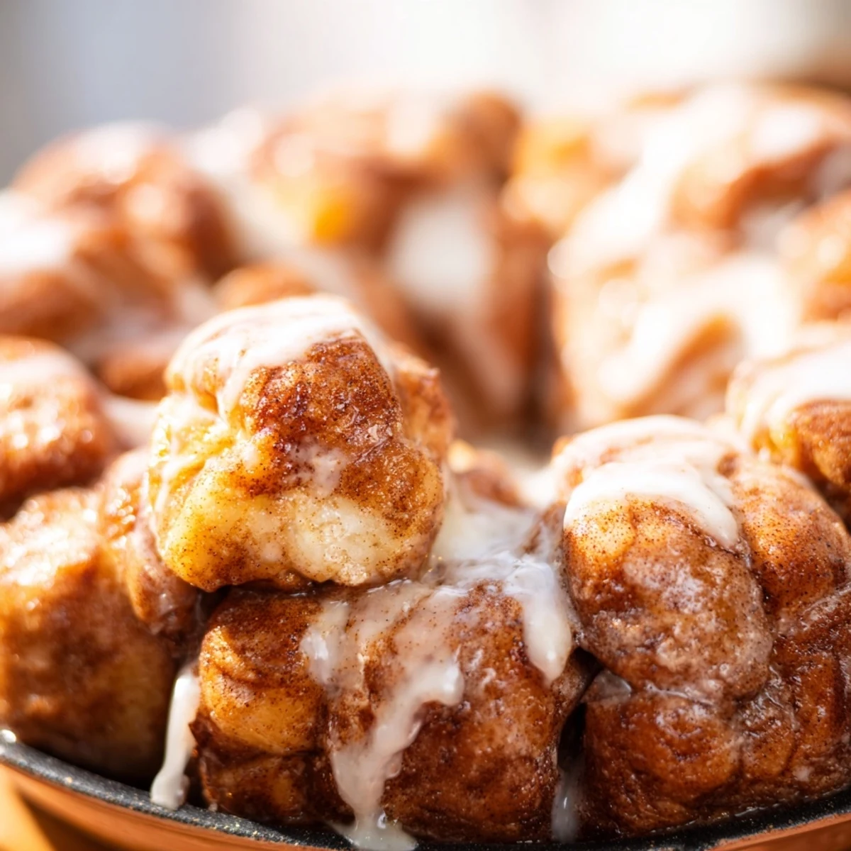 Golden high protein no sugar monkey bread with gooey cinnamon coated pull-apart pieces in a bundt pan