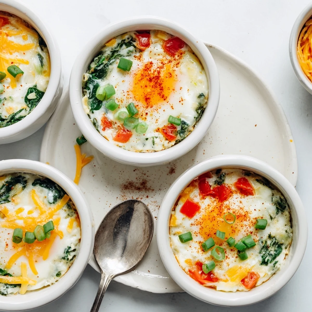 Golden baked cottage cheese eggs with melted cheese topping in individual ramekins garnished with fresh chives