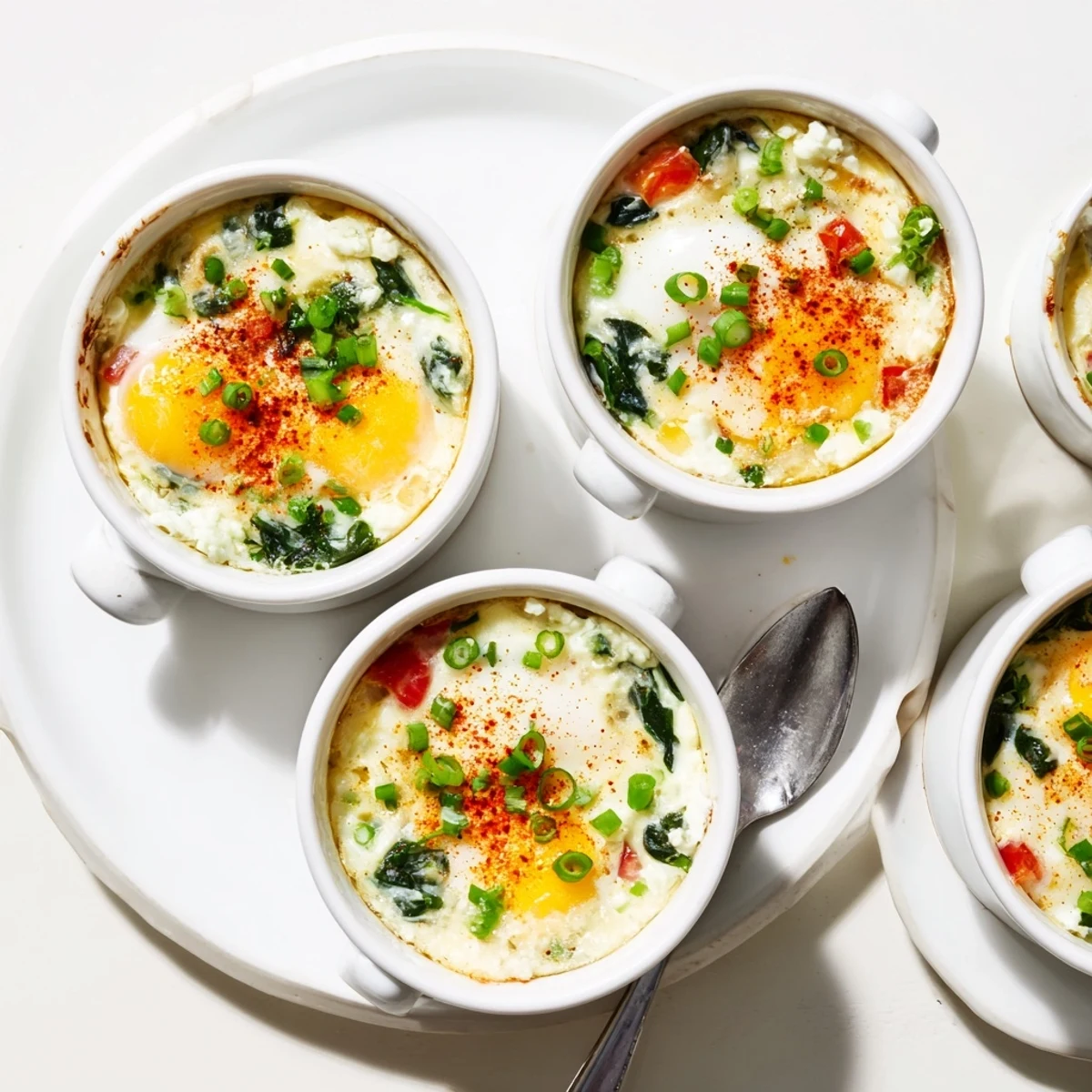 Creamy cottage cheese breakfast bake featuring spinach and perfectly set eggs with paprika sprinkled on top