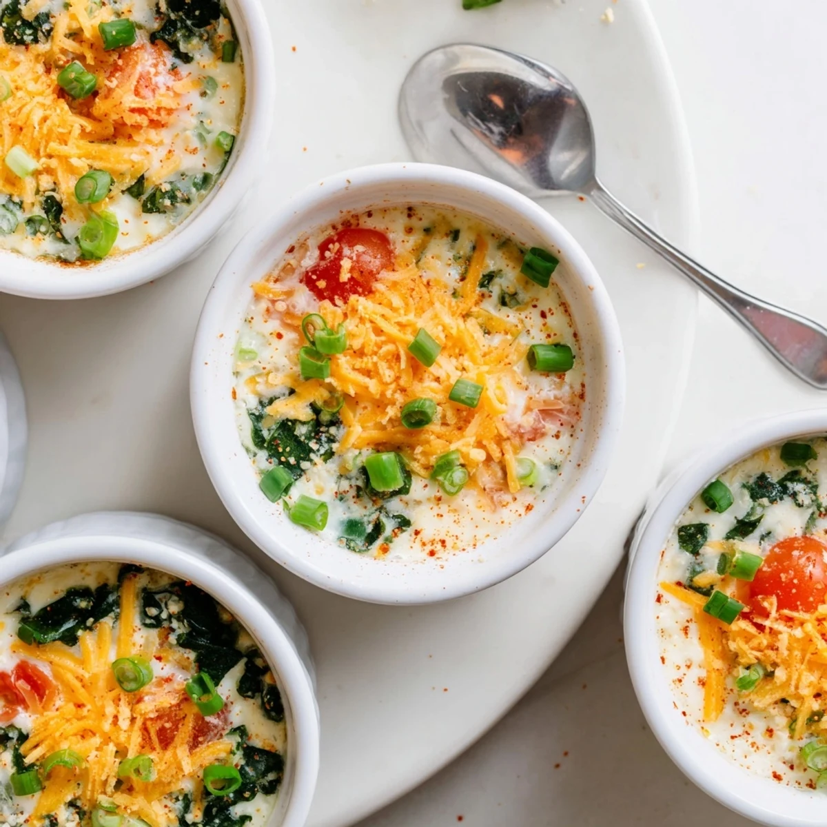 Protein-rich baked cottage cheese eggs served hot with fresh tomato dice and shredded cheddar cheese