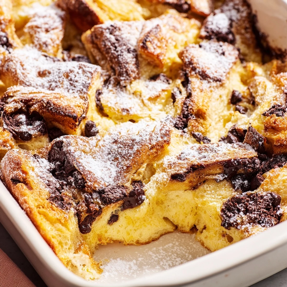 Golden Chocolate Croissant Breakfast Bake with melted chocolate chunks and fluffy custard