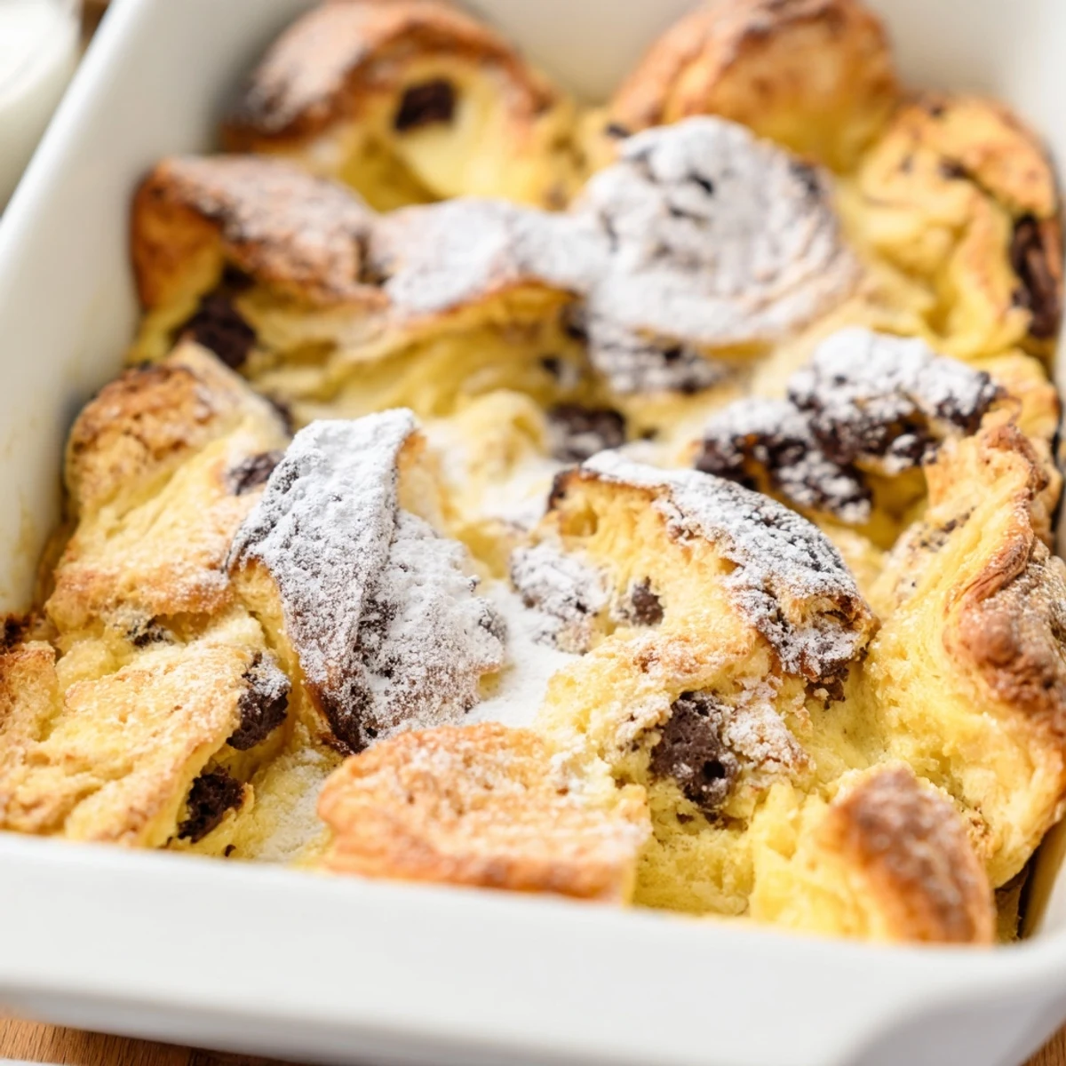 Warm chocolate croissant breakfast casserole dusted with powdered sugar and fresh berries