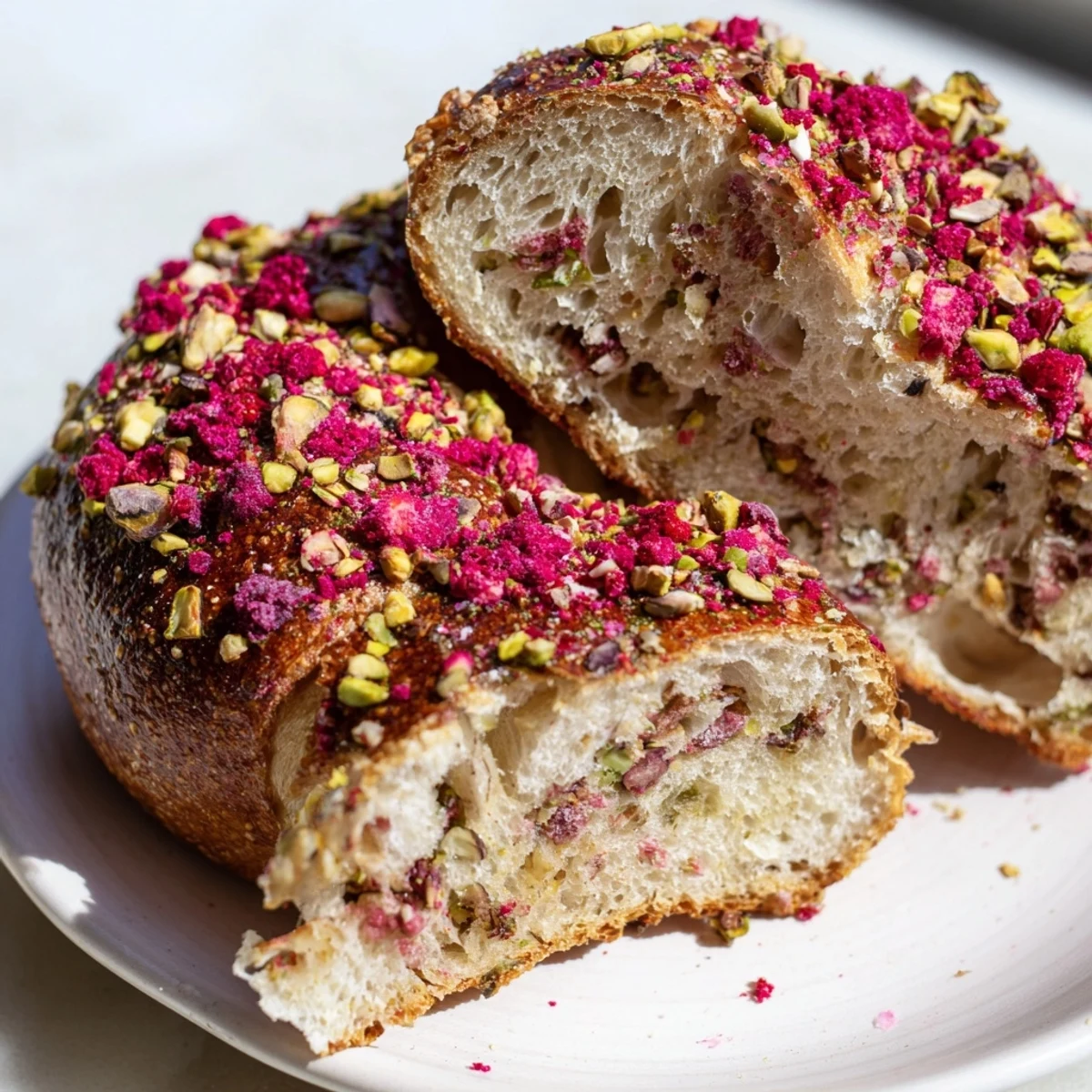 Golden brown Raspberry Pistachio Sourdough Bagels topped with crunchy nuts and vibrant raspberry pieces on a wooden board
