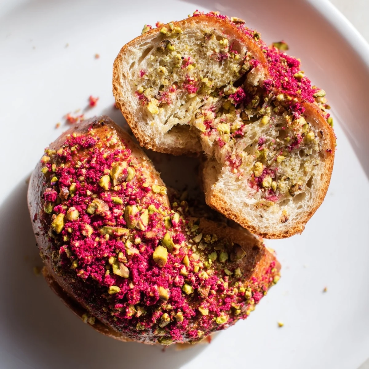 Freshly baked Raspberry Pistachio Sourdough Bagels split open revealing chewy interior studded with pink raspberries and green pistachios