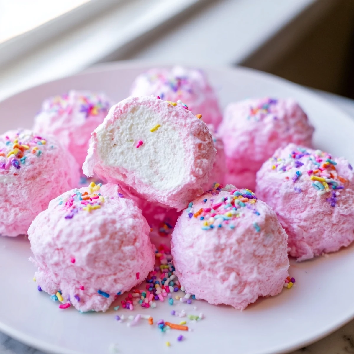 Mini cotton candy cheesecake puff balls with pink fluffy coating on white serving plate