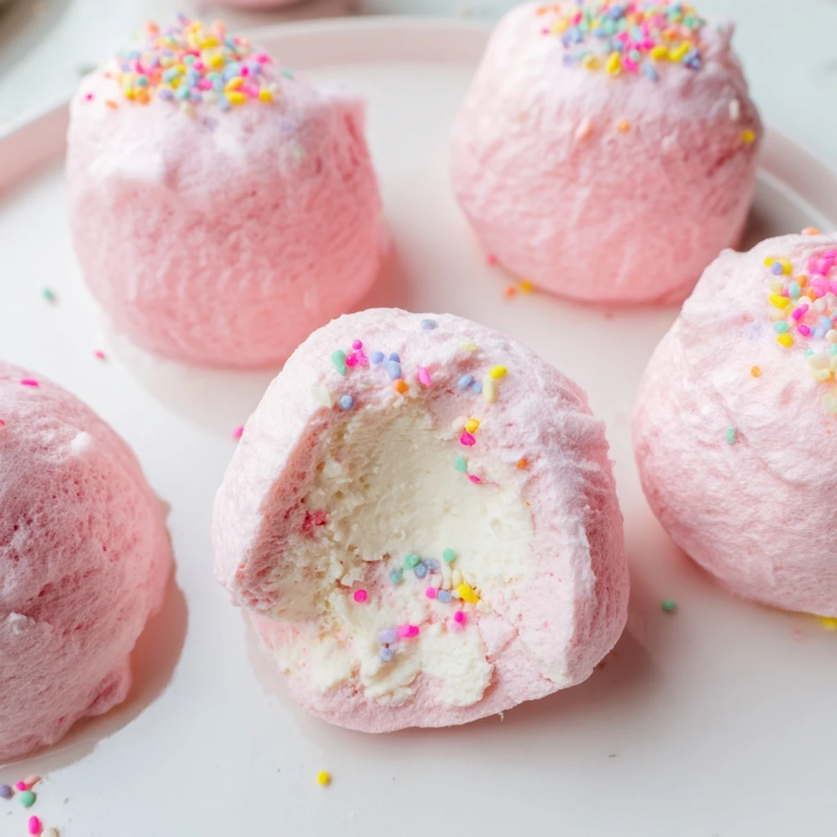 Creamy mini cotton candy cheesecake puff balls topped with colorful rainbow sprinkles