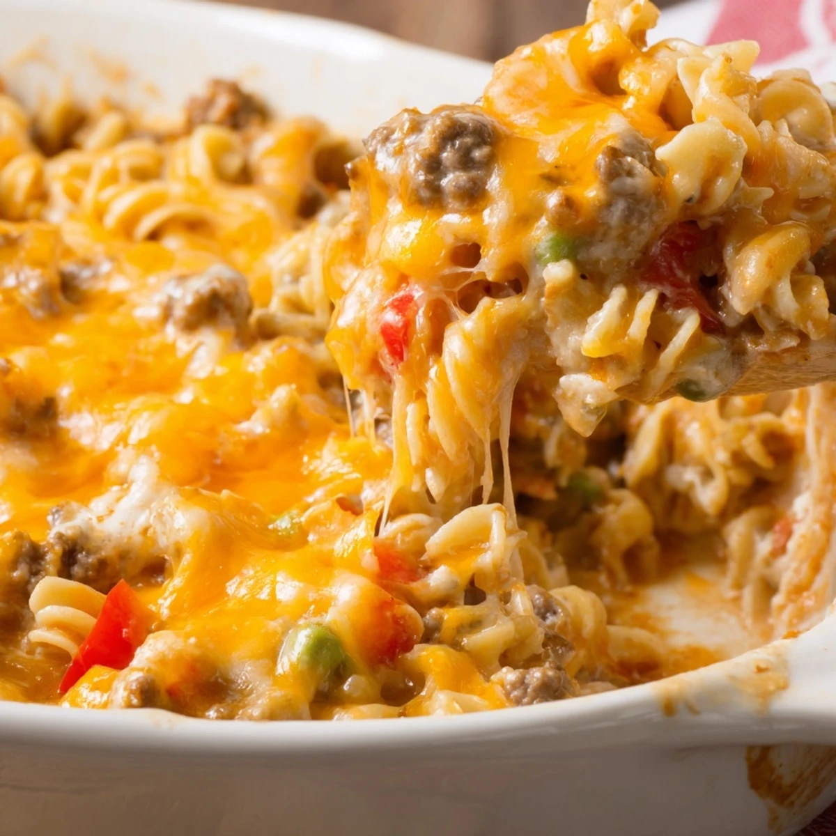 Golden bubbling cheesy beef and noodle casserole fresh from the oven with melted cheddar topping