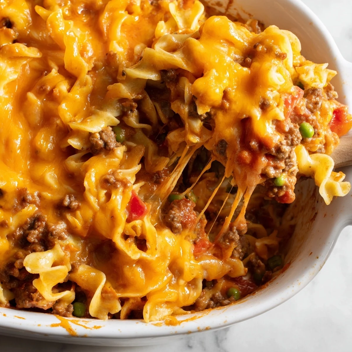 Creamy cheesy beef and noodle casserole served in a white dish with golden brown cheese