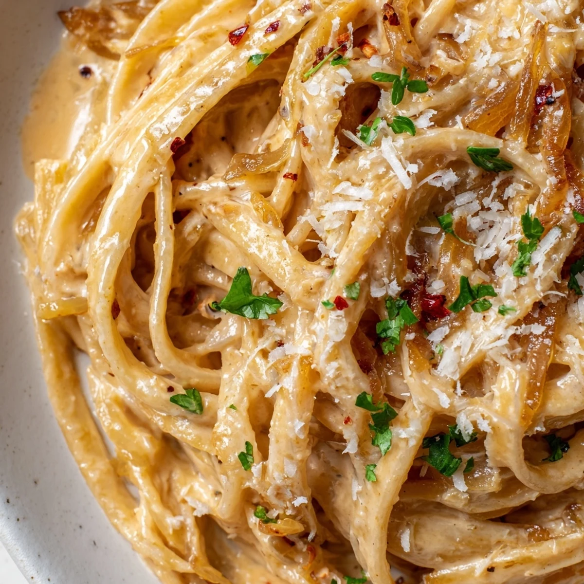 Creamy Sweet Heat Caramelized Onion Fettuccine topped with fresh parsley and Parmesan cheese