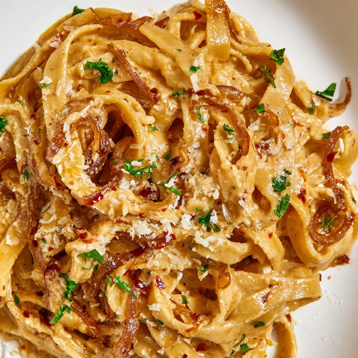 Golden caramelized onions coat Sweet Heat Caramelized Onion Fettuccine in a luscious, creamy sauce