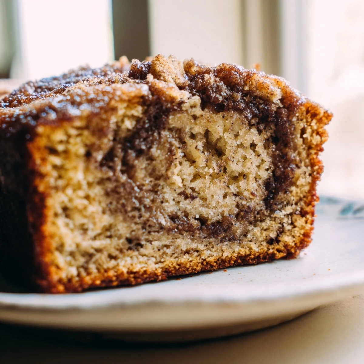 Warm cinnamon sugar swirl banana bread loaf with crackly sweet topping fresh from the oven pan