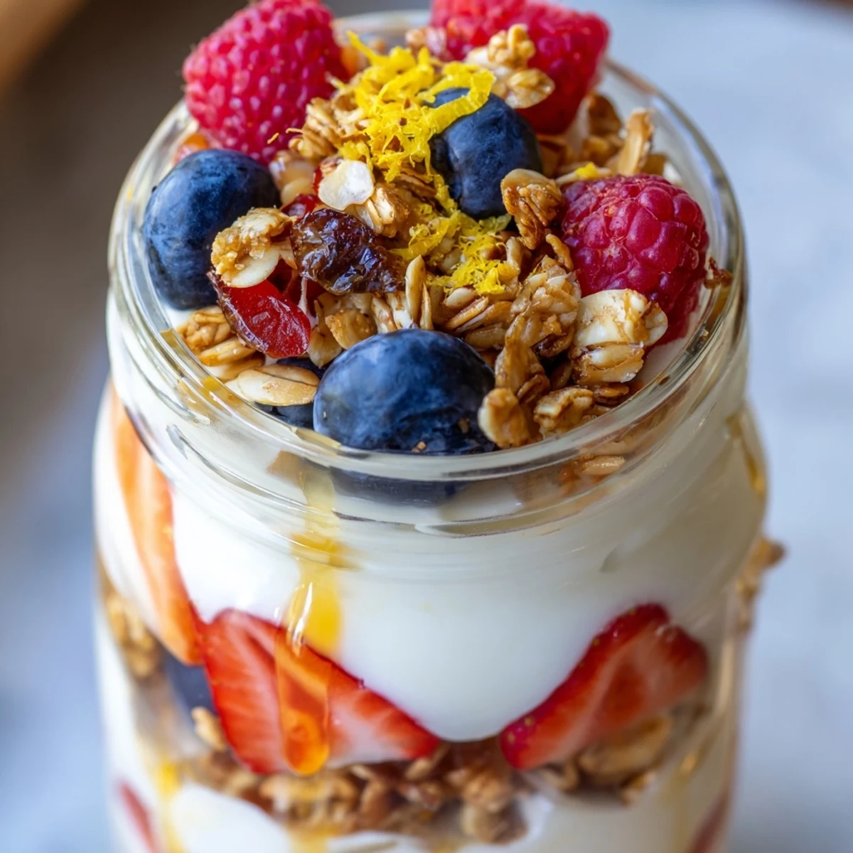 Creamy Greek yogurt parfait layered with fresh berries and crunchy granola in a glass