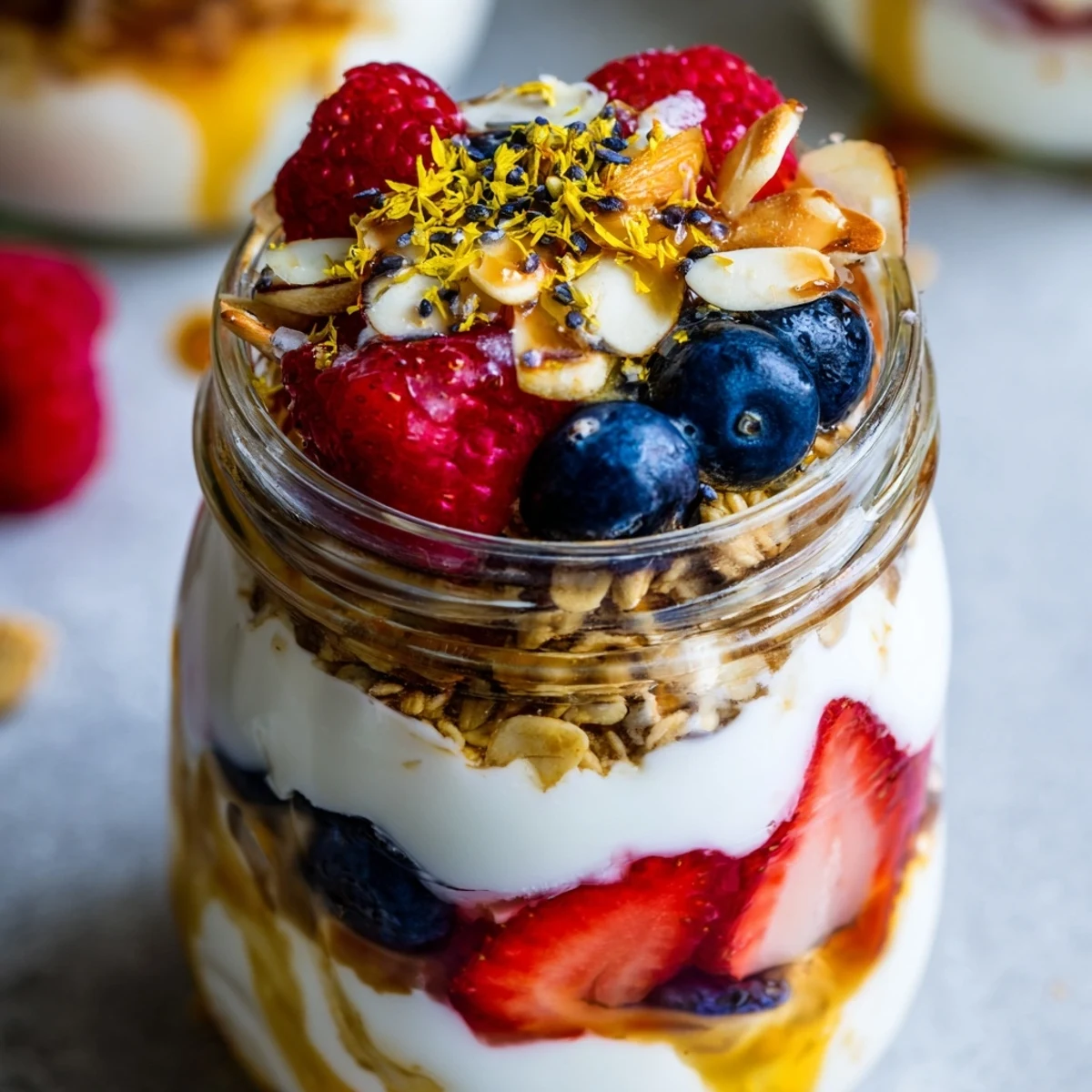 Greek yogurt parfait topped with vibrant mixed berries and golden oat granola