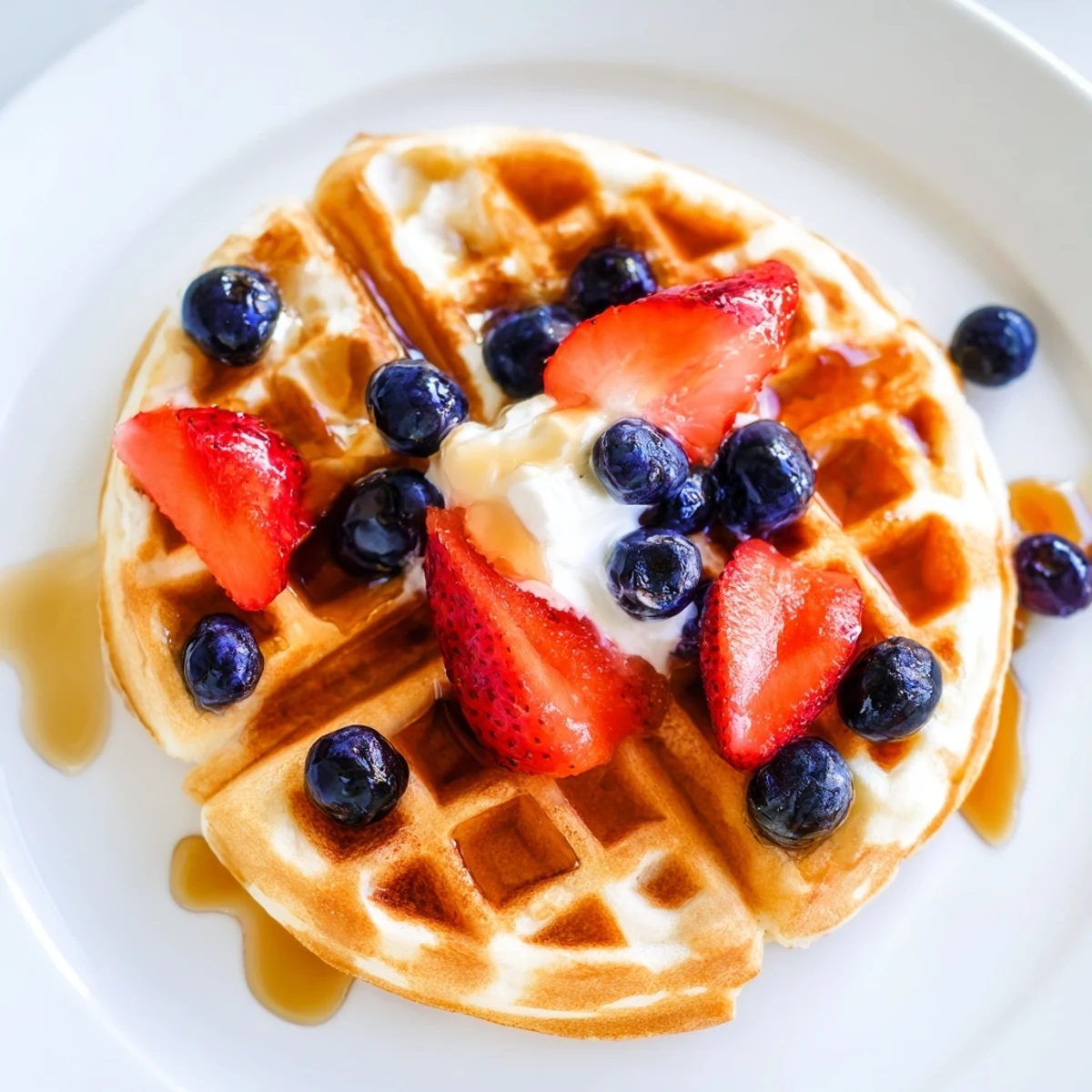 Golden brown Greek yogurt waffles stacked high with fresh berries and maple syrup