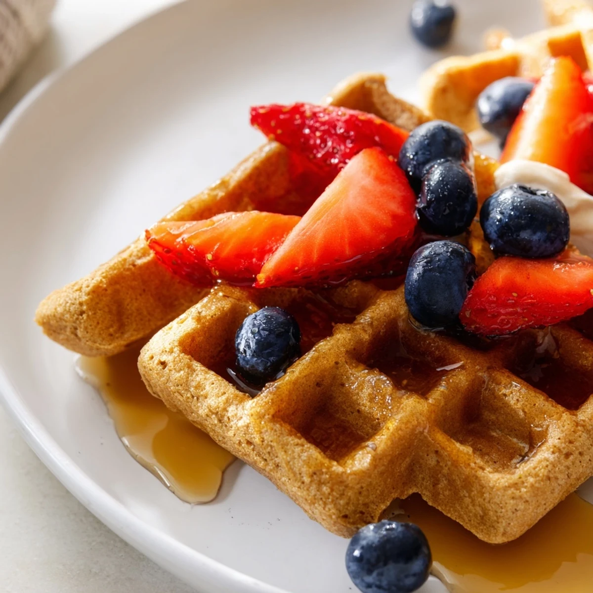 Crispy Greek yogurt waffles on a white plate drizzled with honey