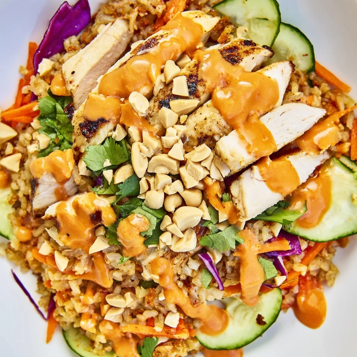 Golden crispy rice and sliced chicken topped with creamy Bang Bang Chicken salad dressing