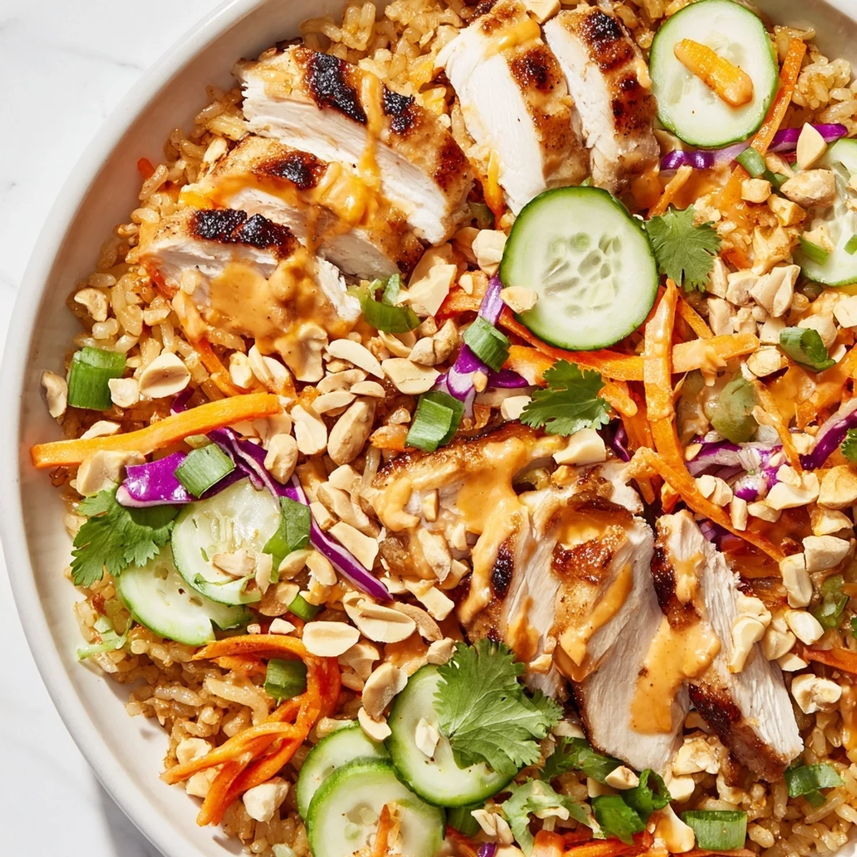 Fresh vegetables and crunchy crispy rice in vibrant Bang Bang Chicken rice salad bowl