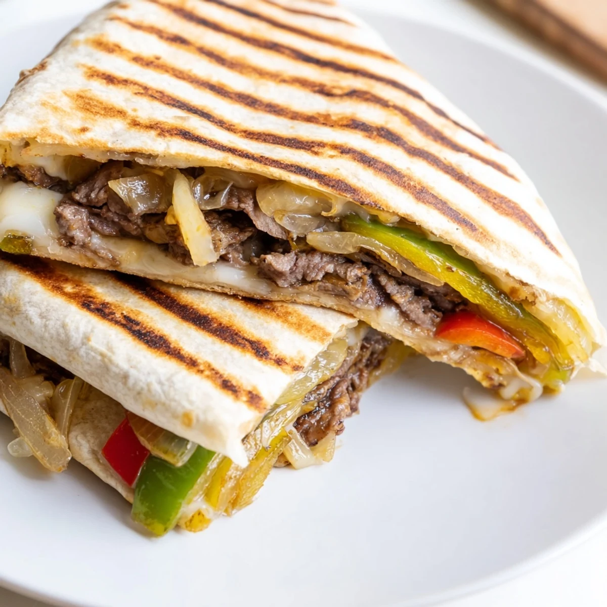 Golden crispy Philly cheesesteak grilled wraps with melted provolone cheese and colorful peppers