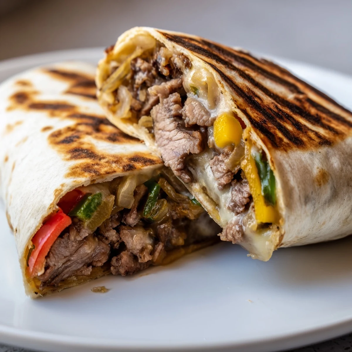 Philly cheesesteak grilled wraps sliced open to reveal tender steak and sautéed vegetables