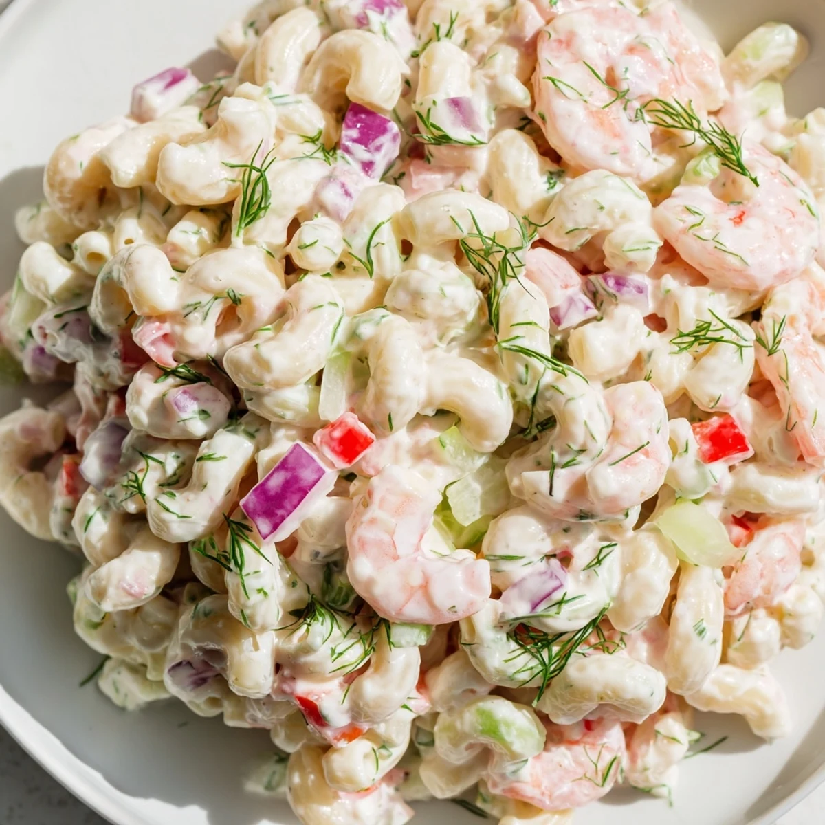 Creamy shrimp macaroni salad in a rustic bowl, dotted with red peppers and fresh herbs