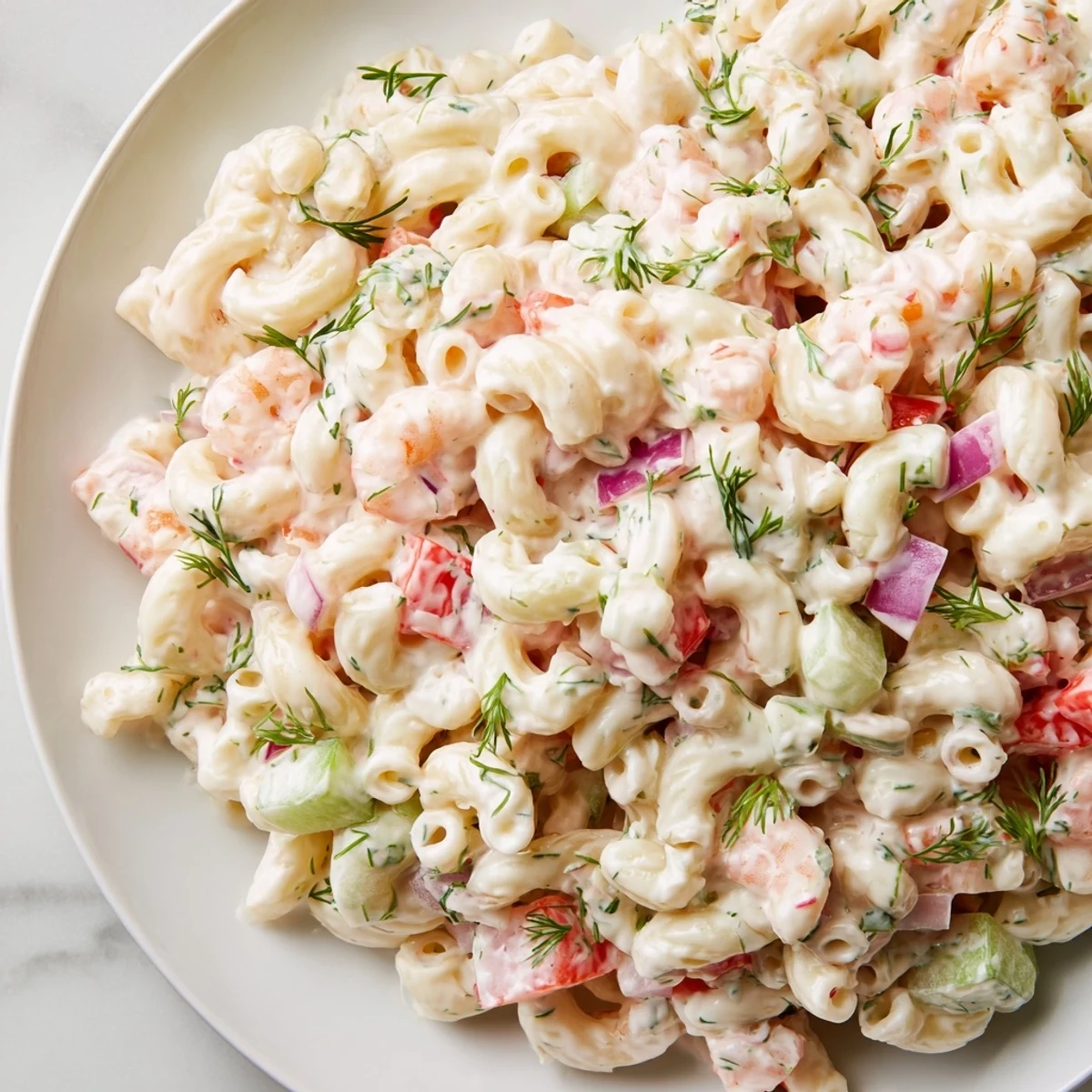 Chilled shrimp macaroni salad spooned onto a plate at a sunny summer picnic