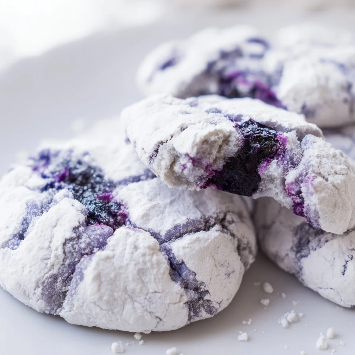 Soft blueberry crinkle cookies with powdered sugar coating on rustic white baking sheet