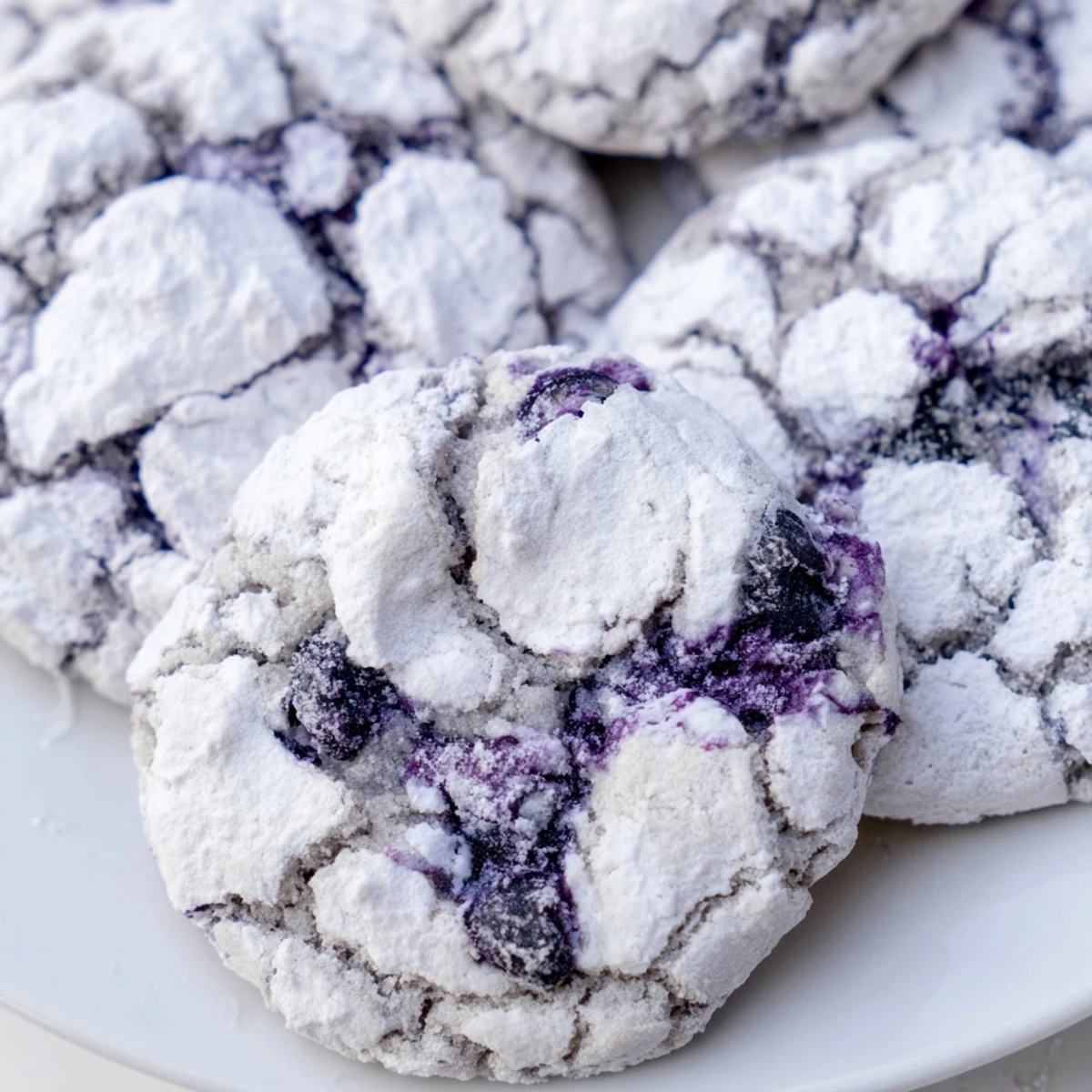 Golden edged blueberry crinkle cookies showing crackled tops dusted with snowy powdered sugar