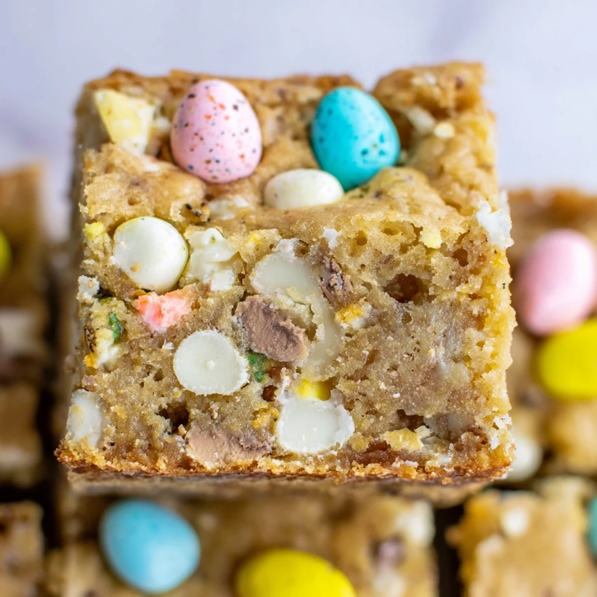 Chewy mini Cadbury Easter egg blondies with pastel candy pieces scattered on a golden buttery square