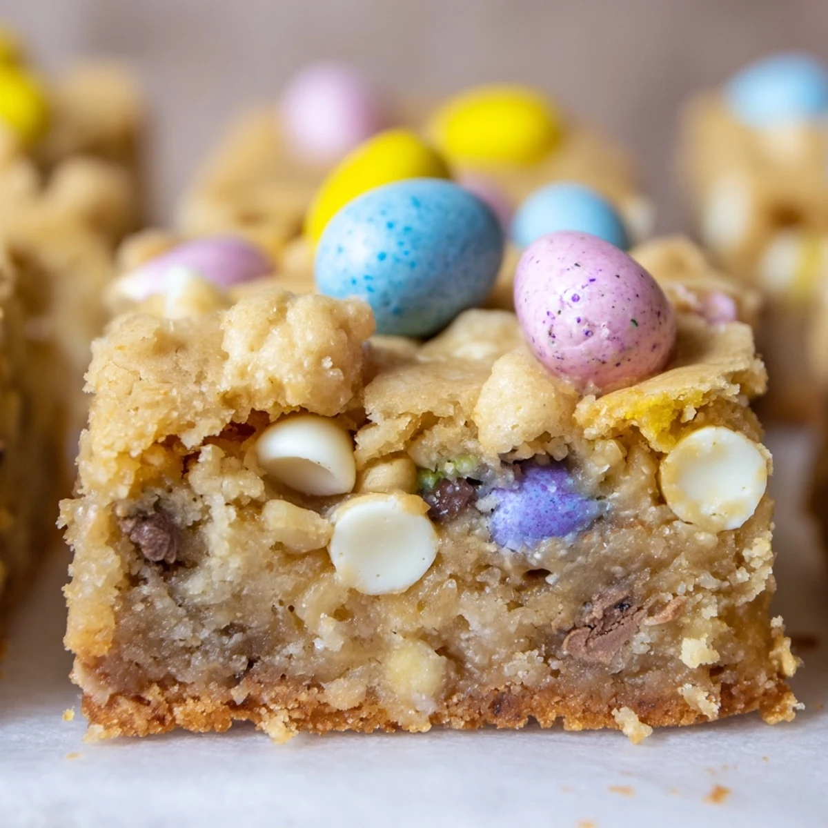 Warm mini Cadbury Easter egg blondies cut into squares topped with speckled chocolate eggs on parchment