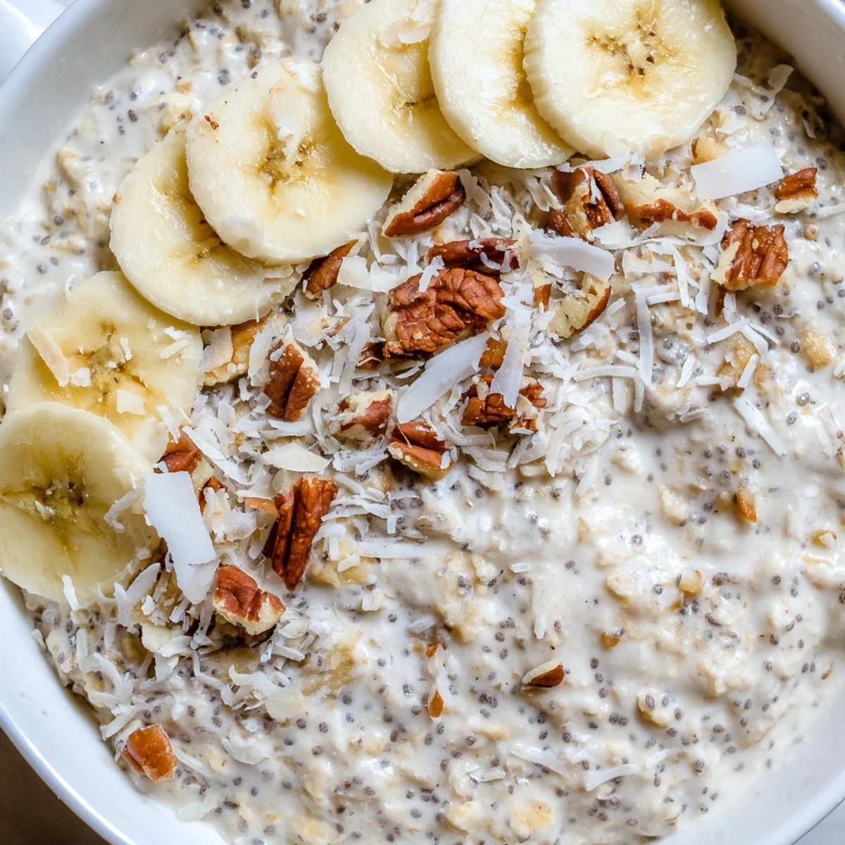 Creamy coconut cream pie overnight oats topped with toasted coconut flakes and pecans in a mason jar