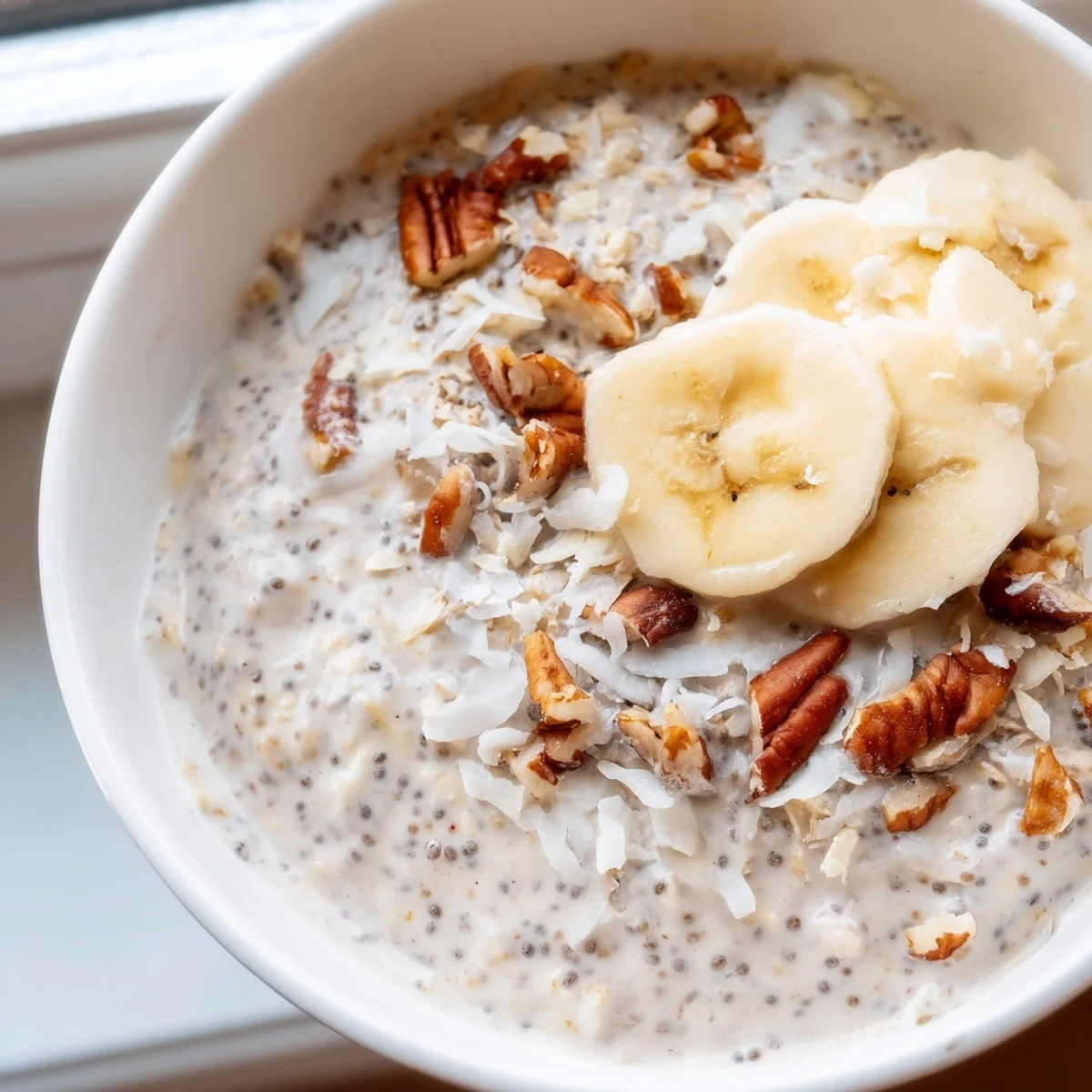 Tropical coconut cream pie overnight oats layered in glass jars with crunchy toasted almonds on top