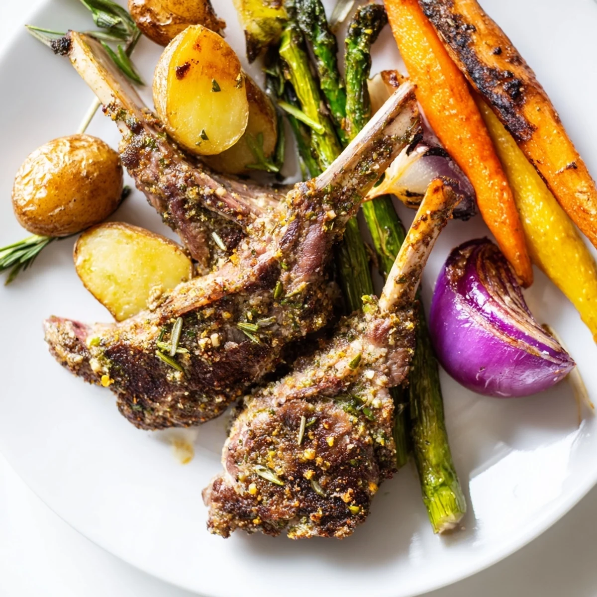 Golden herb-crusted lamb chops and roasted vegetables on a sheet pan for Easter dinner.