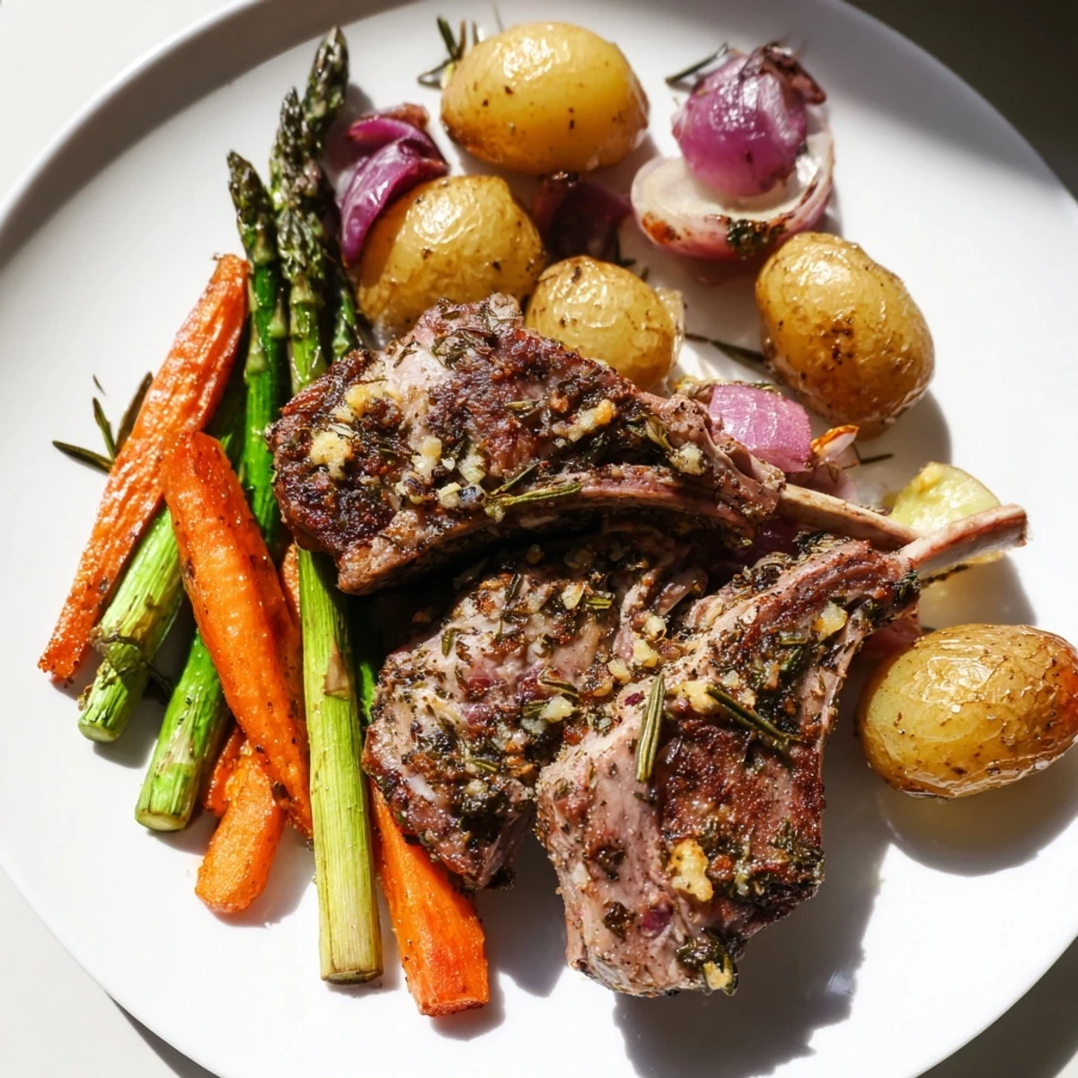 Sheet pan Easter dinner featuring juicy rosemary lamb chops with colorful roasted vegetables.