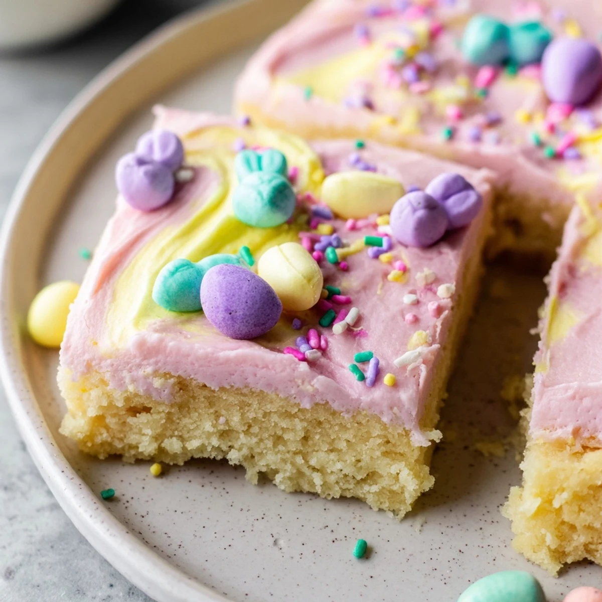 Soft Easter sugar cookie bars with swirled pastel frosting and colorful sprinkles on a white platter