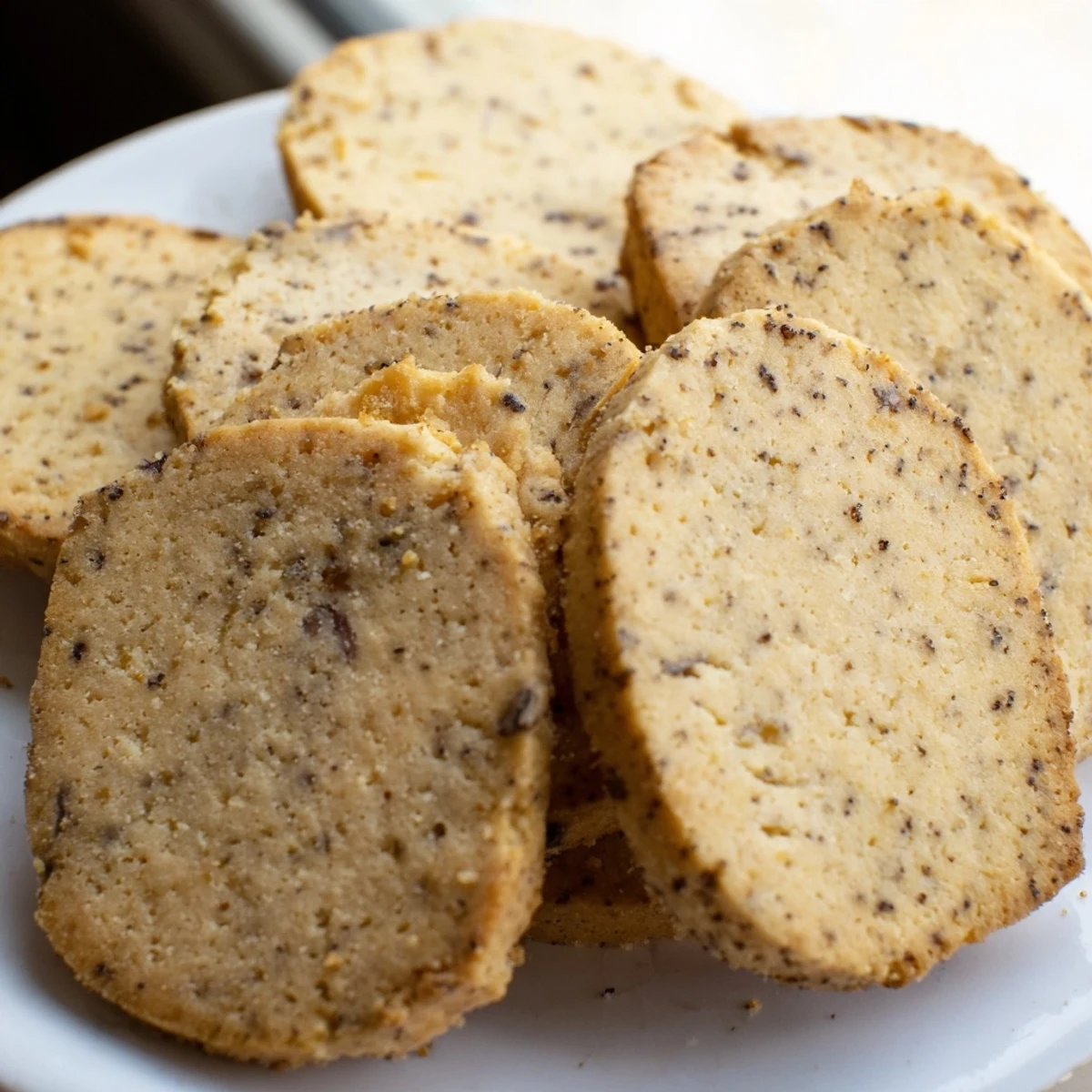 Golden espresso shortbread cookies studded with crunchy toffee bits on a rustic baking sheet