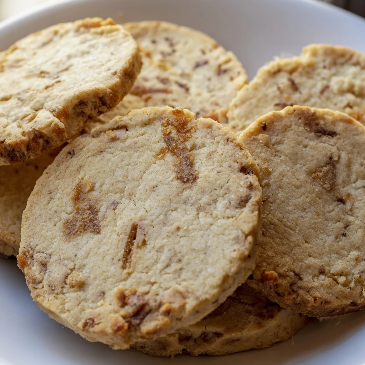 Buttery espresso shortbread cookies with melted toffee chunks arranged on a white ceramic plate