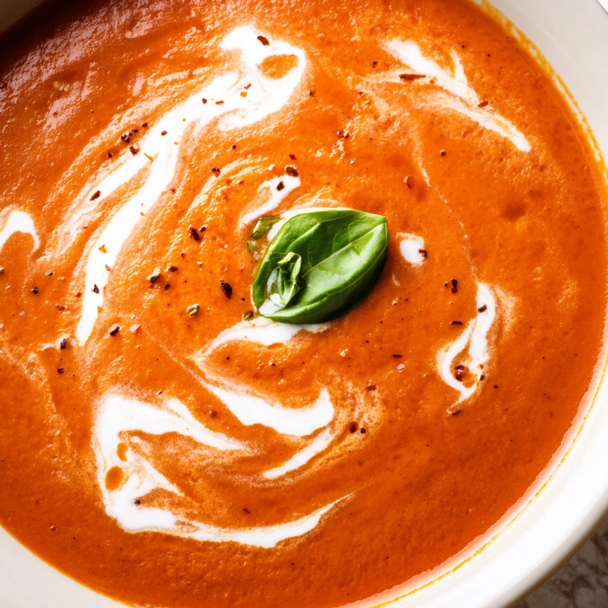 Creamy fire roasted tomato soup in a rustic bowl garnished with fresh green basil leaves