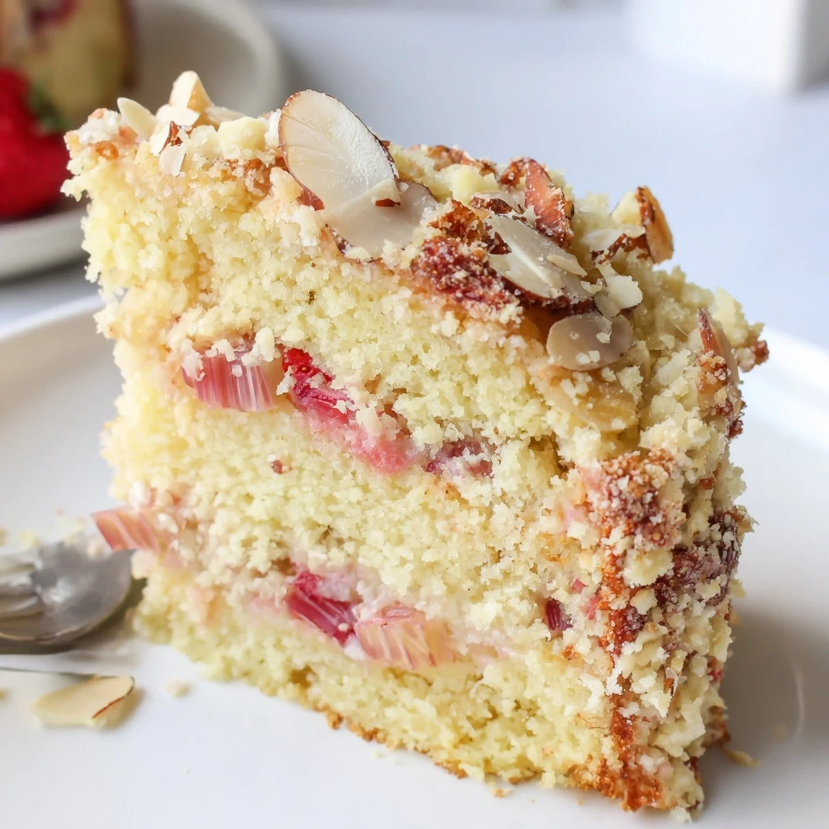 Golden lemon rhubarb strawberry cake with crunchy almond streusel topped on a white plate
