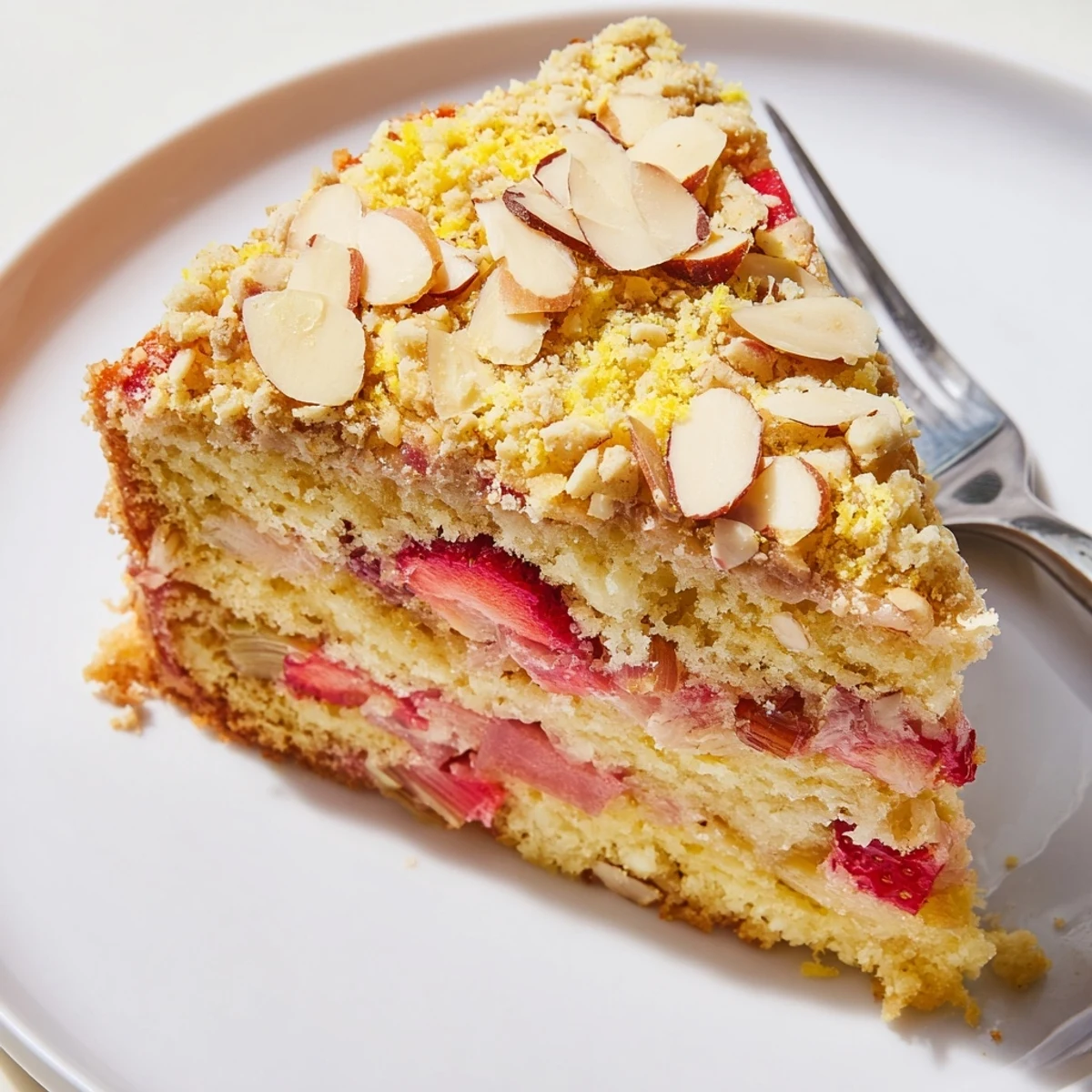 Lemon Rhubarb Strawberry Almond Cake