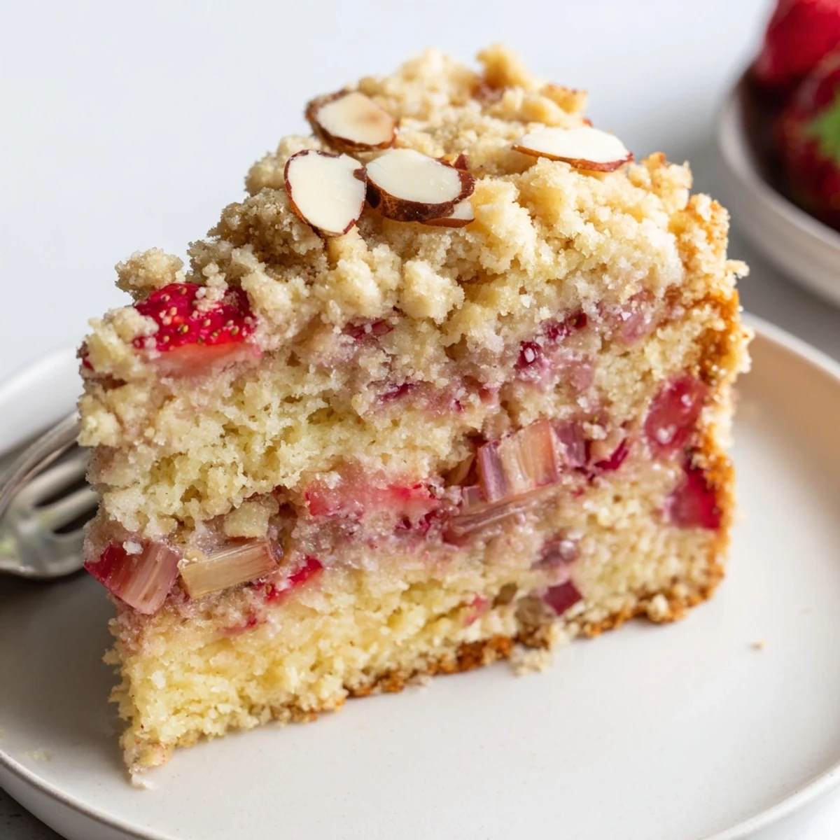 Tender lemon cake layered with sweet rhubarb strawberries and crumbly almond streusel topping