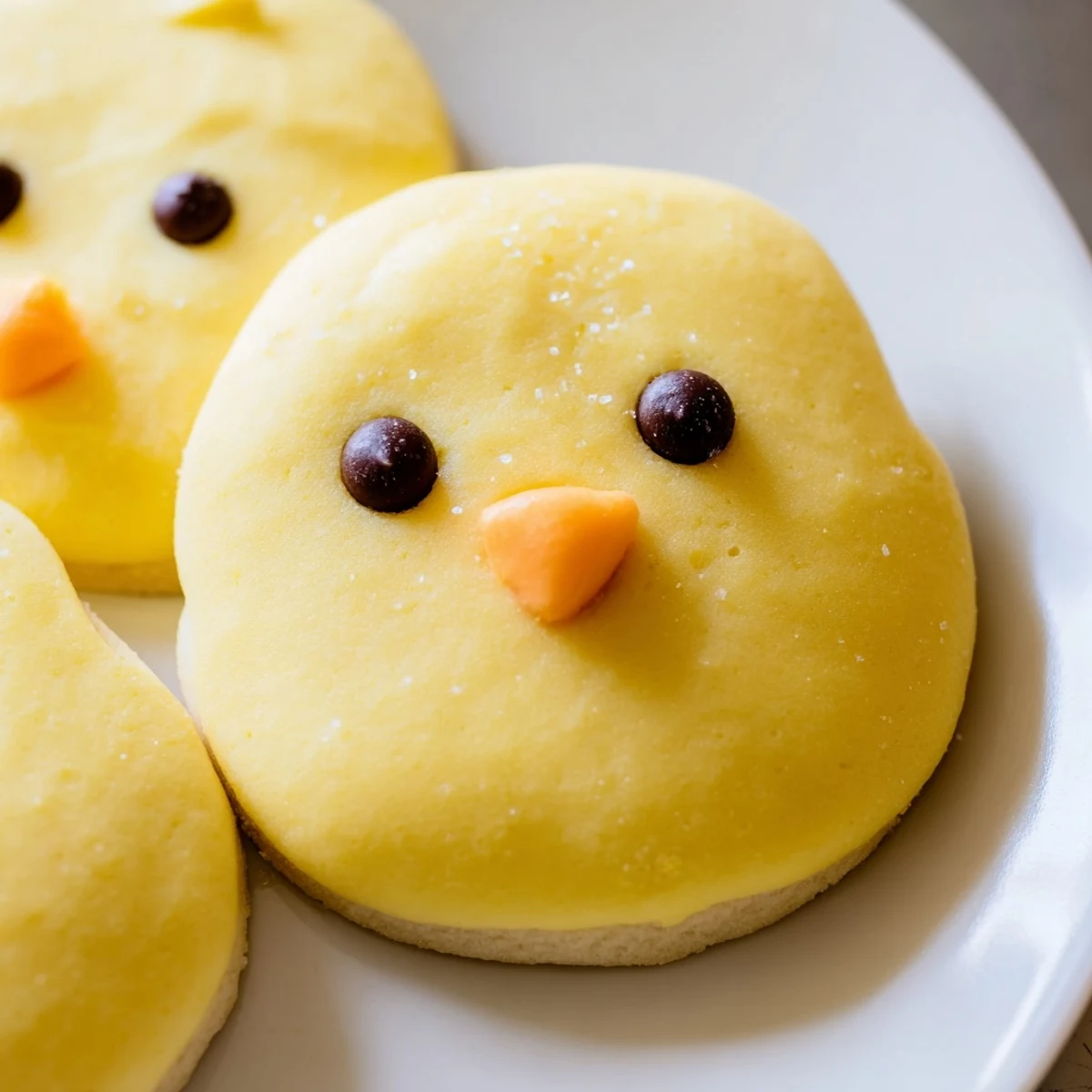 Adorable chick cookies with bright yellow frosting and expressive faces on a rustic baking sheet