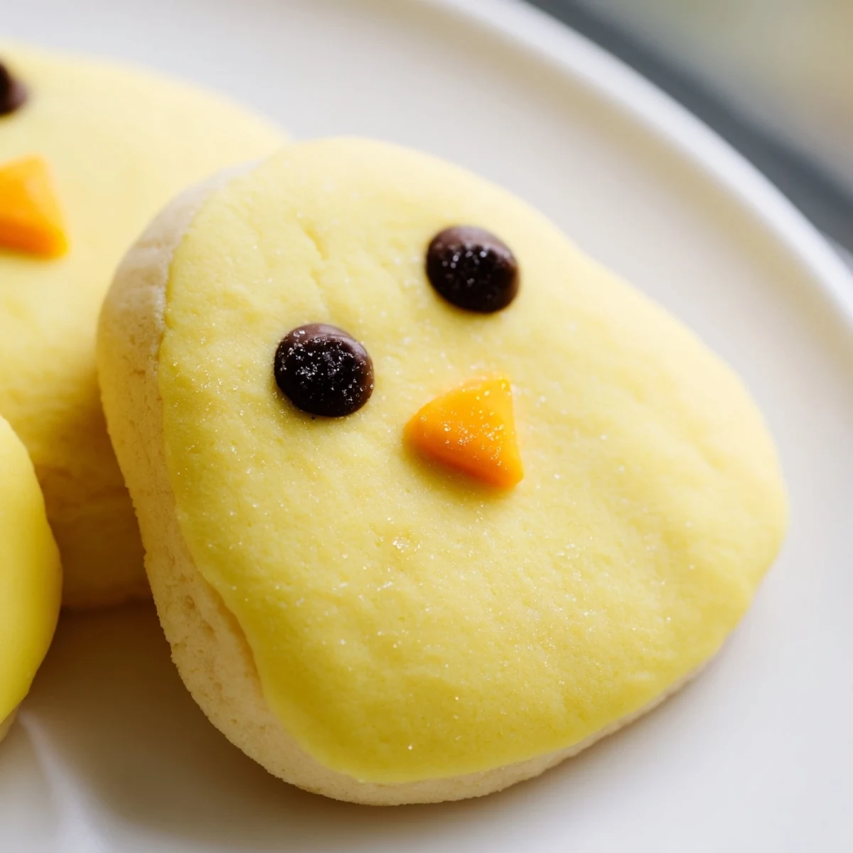 Buttery yellow chick cookies decorated with chocolate chip eyes arranged on a white serving platter