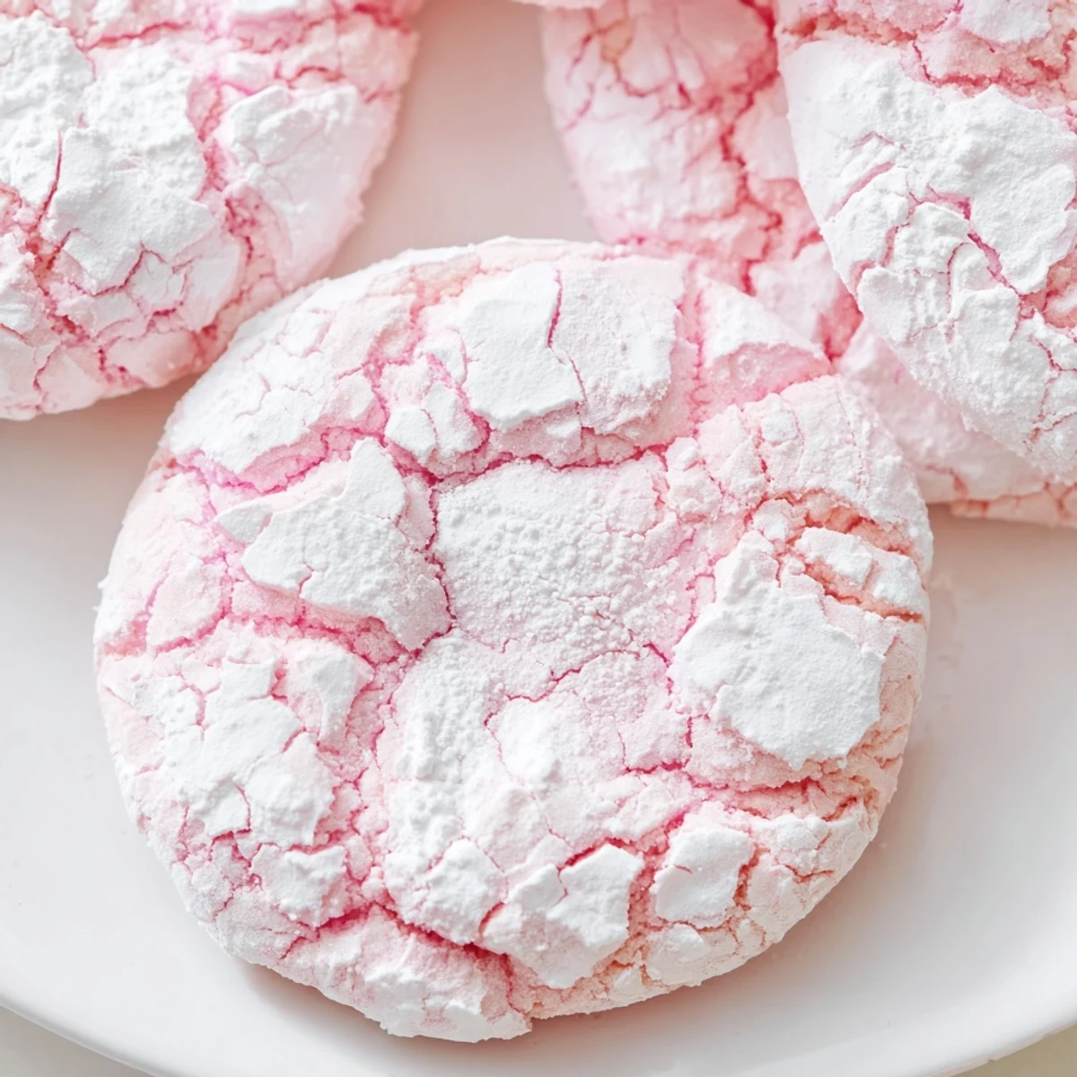 Soft pastel crinkle cookies with powdered sugar coating on a rustic white baking sheet