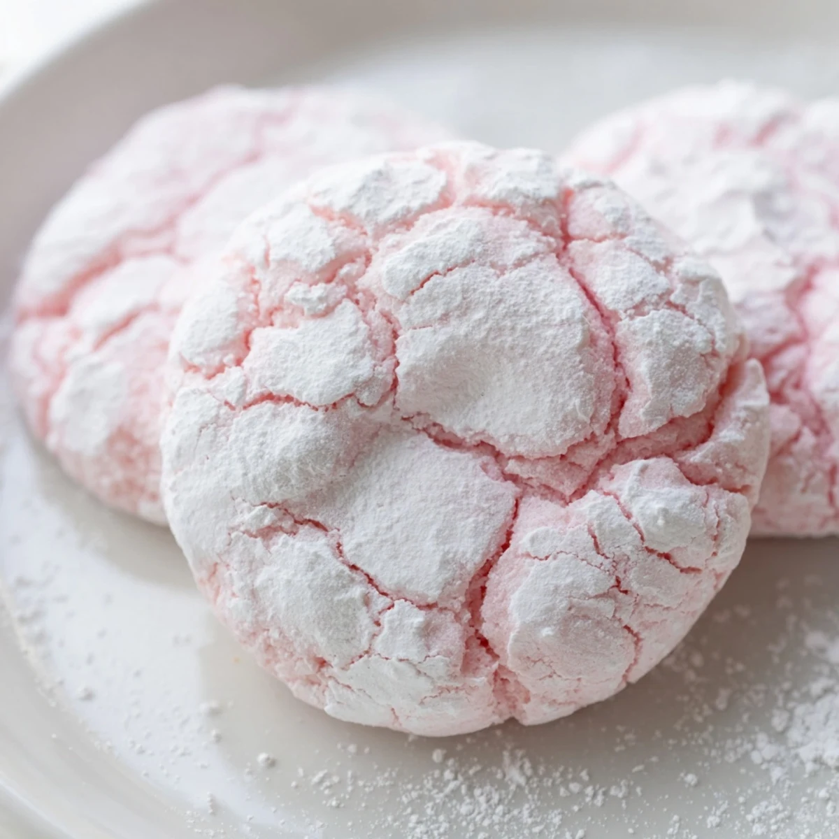 Colorful pastel crinkle cookies displaying crackled surfaces dusted generously with snowy powdered sugar
