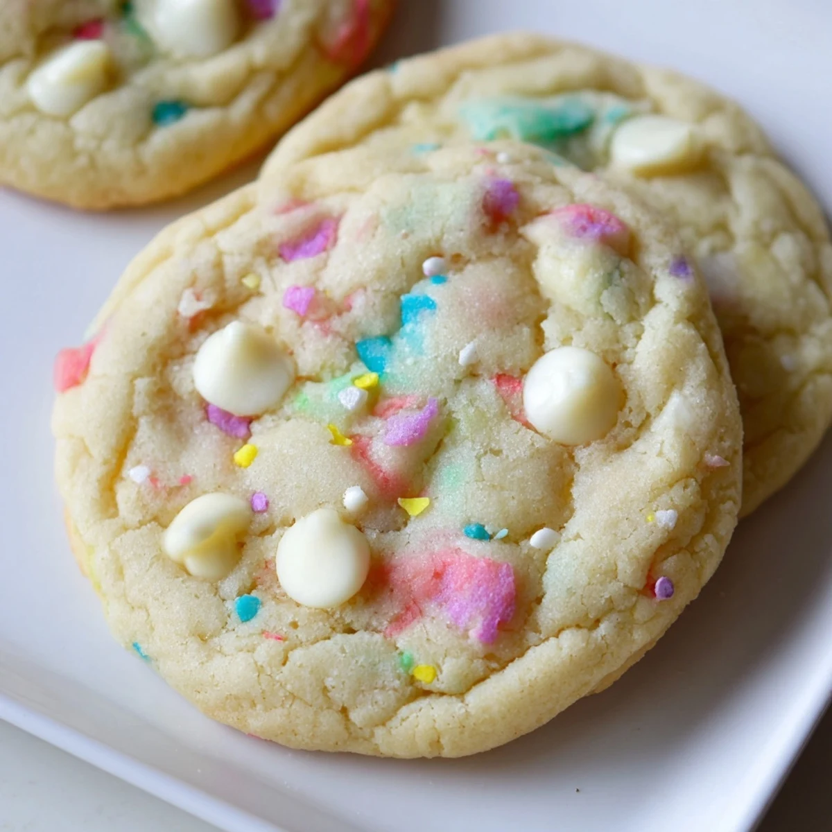 Soft pastel white chocolate cookies with creamy chips and colorful sprinkles on rustic baking sheet