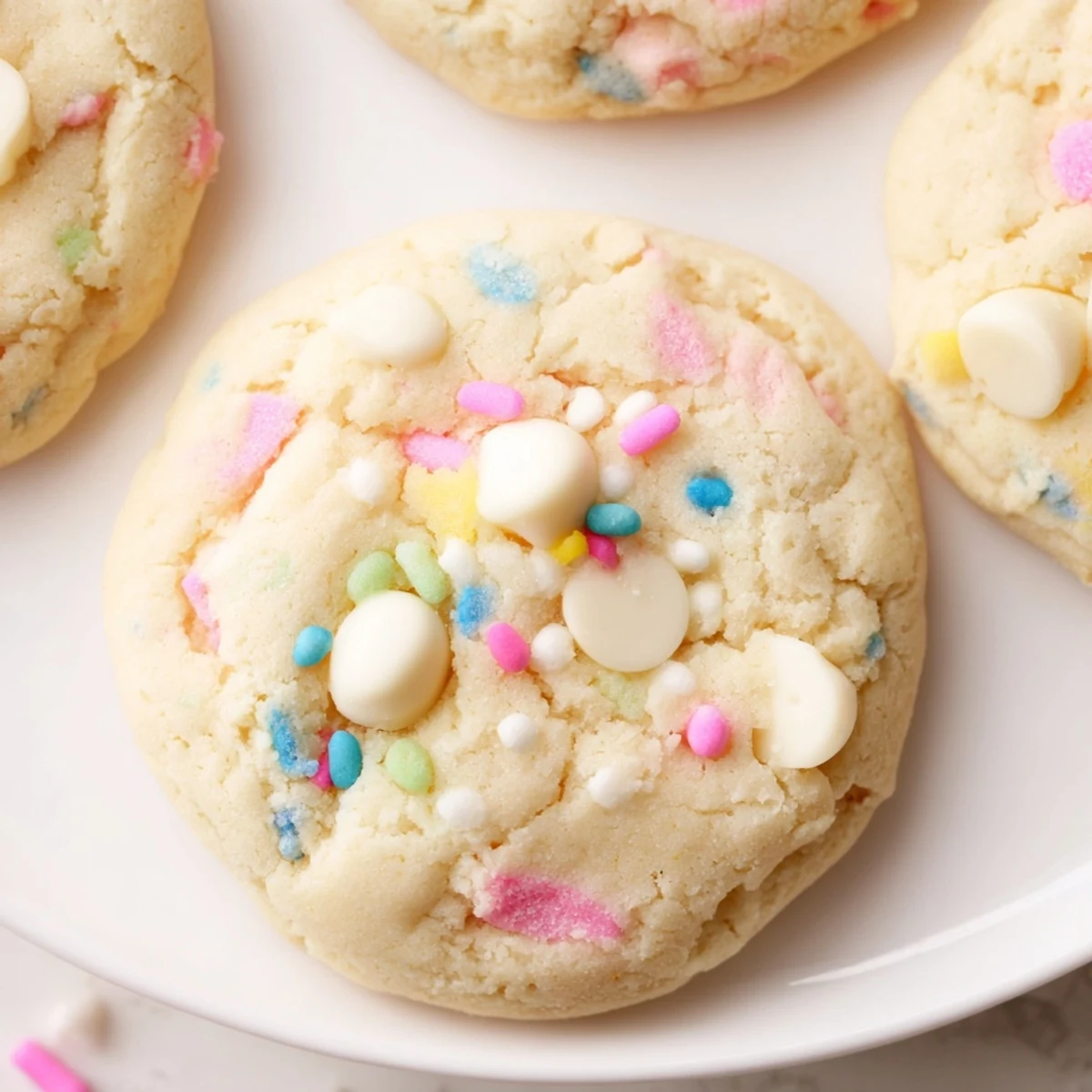 Chewy pastel white chocolate cookies topped with melted morsels and festive candy sprinkles