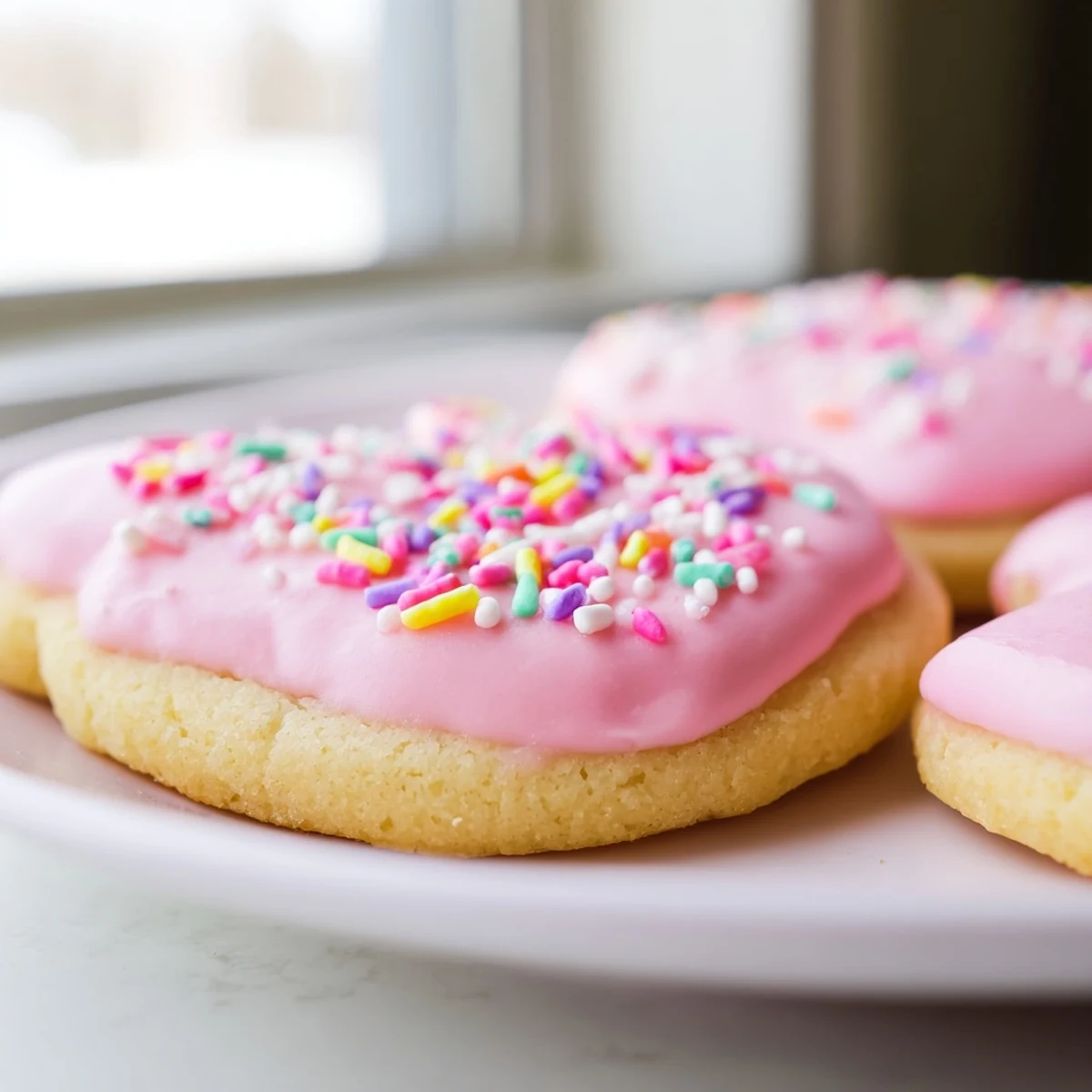 Soft Easter cookies with pastel royal icing decorated in festive spring shapes on white platter