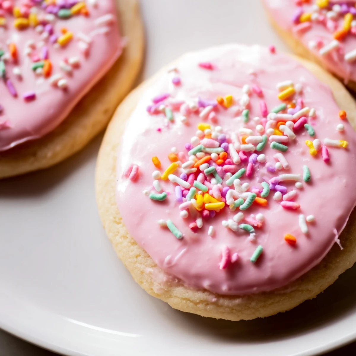 Buttery Easter cookies topped with colorful sprinkles arranged on rustic wooden serving board