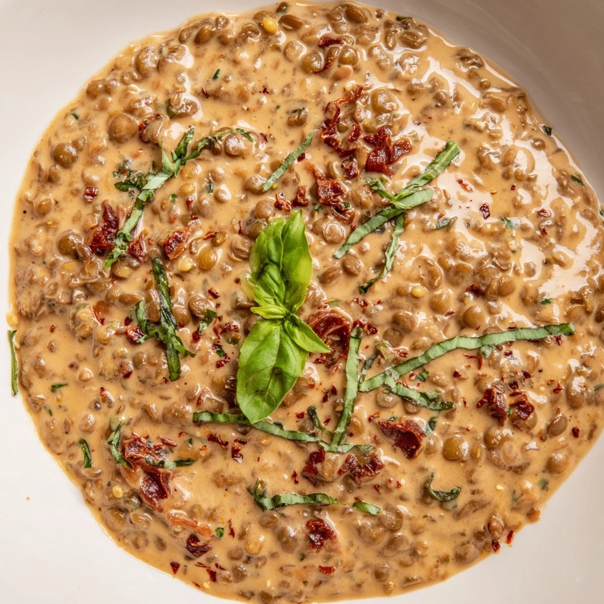Creamy Marry Me Lentils in a velvety sun-dried tomato sauce topped with fresh basil